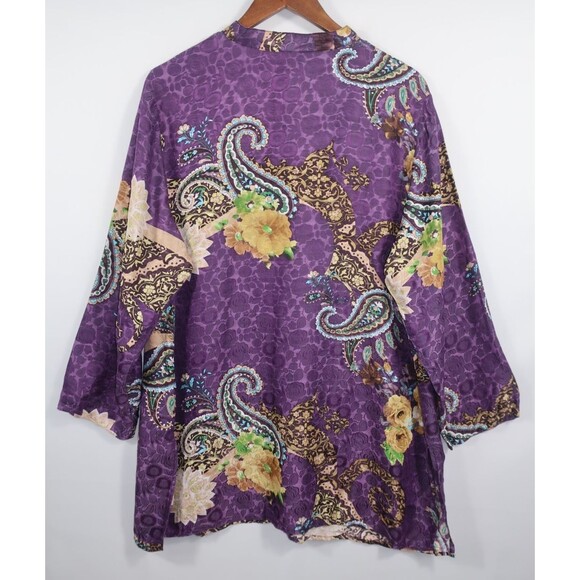 Poeme Citron Silk Blend Tunic Top 2X Purple Paisley Floral Asian Art To Wear - Picture 4 of 9